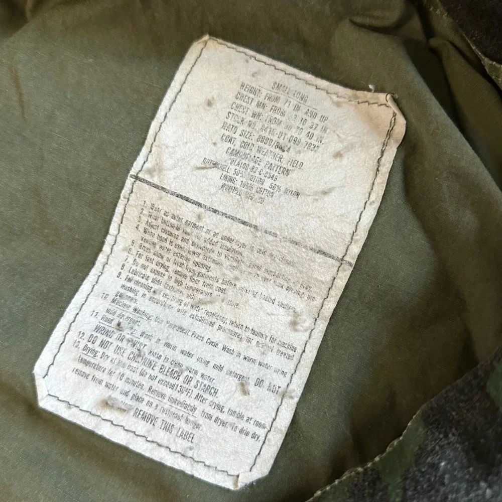 US Army M-65 Field Jacket Mens Small Long Camo Good Woodland Vintage 1983 M65